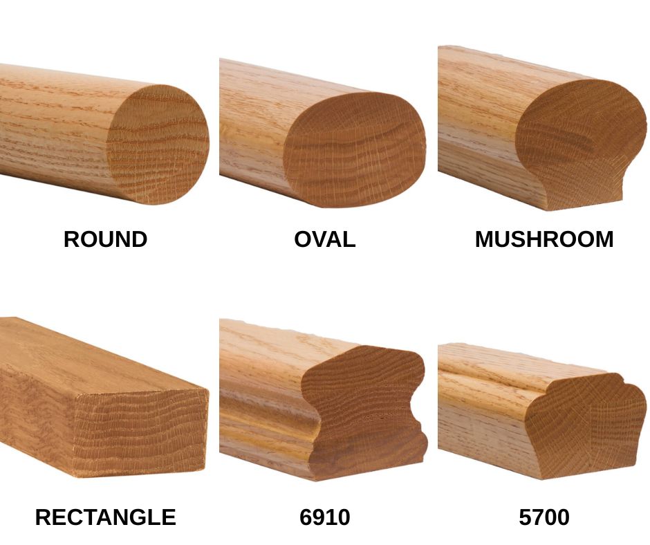 collage of images showing 6 different handrail profiles: round, oval, mushroom, rectangle, 6910 and 5700