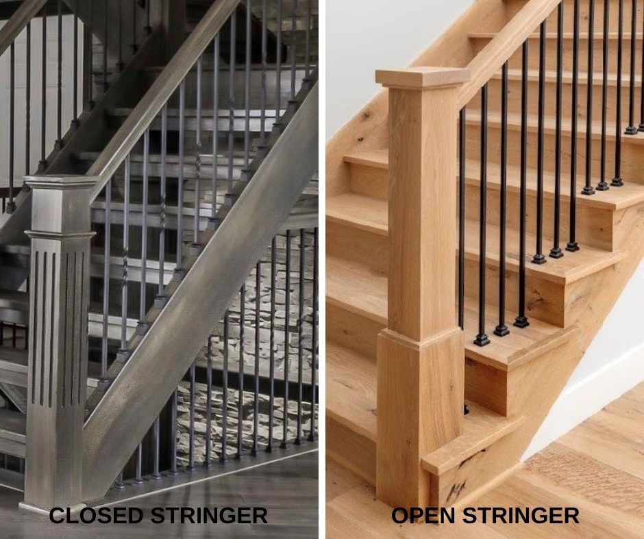 slide by side images of staircases showing the difference between open and closed staircase stringers