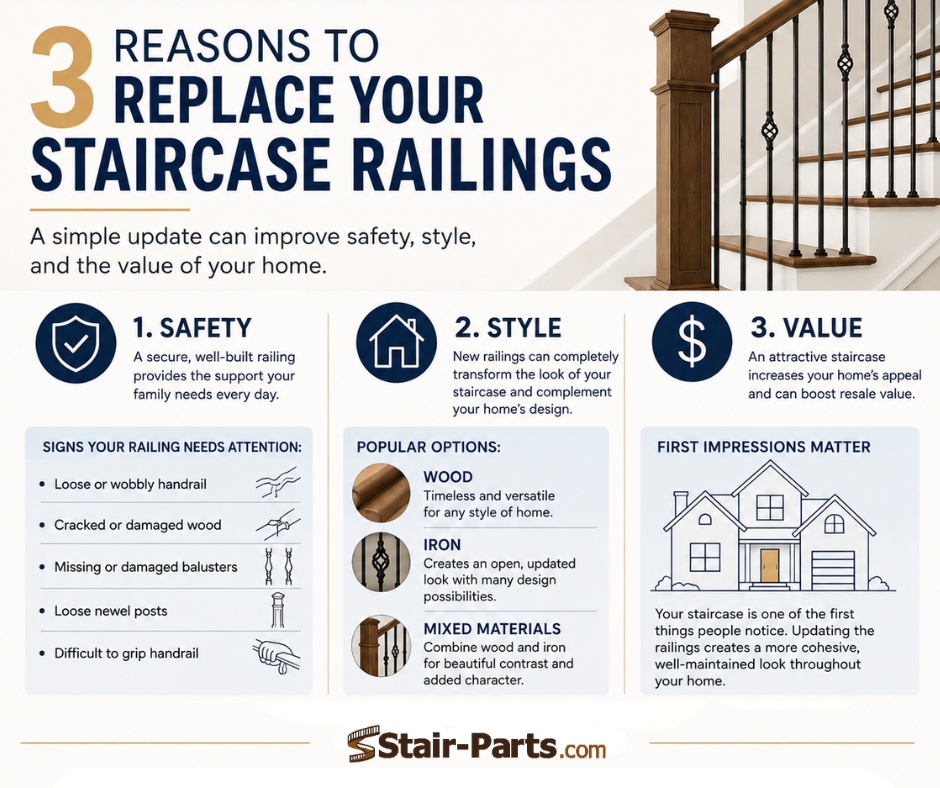 informational graphic listing the 3 reasons to replace your staircase railings