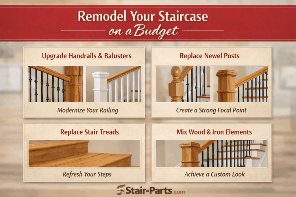 Graphic listing the 4 ways Stair-Parts suggests you can upgrade your staircase on a budget.