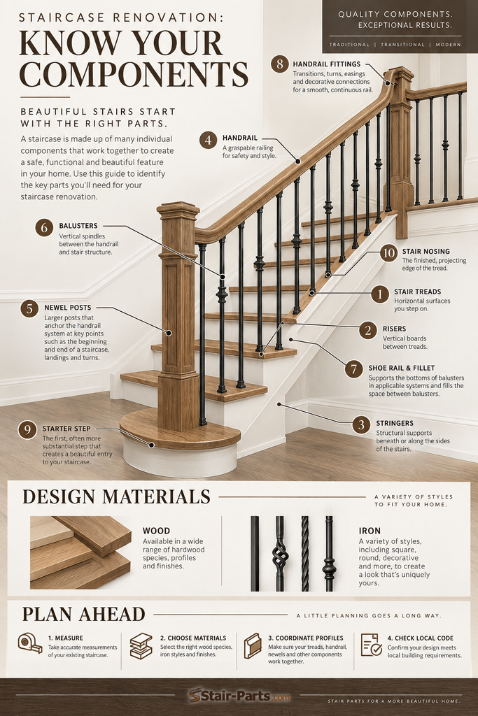 Diagram showing all the parts of a staircase described in the blog post.