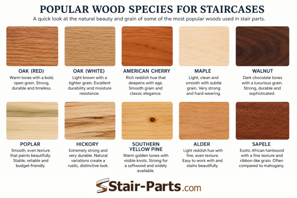 Infographic showing small images of all of the types of wood typically used in wooden staircases