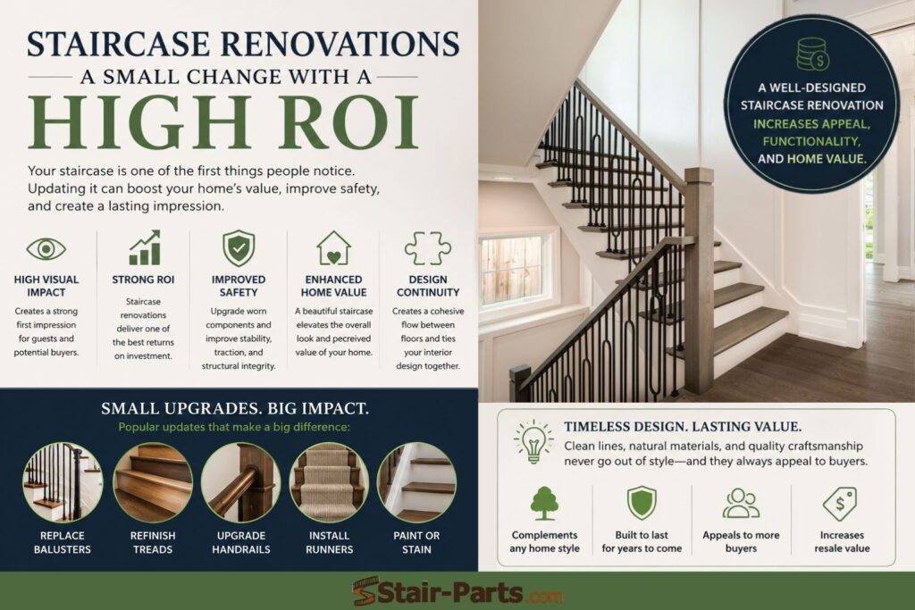 Informational graphic that summarizes the information in the blog post about the return on investment when replacing or updating a staircase.