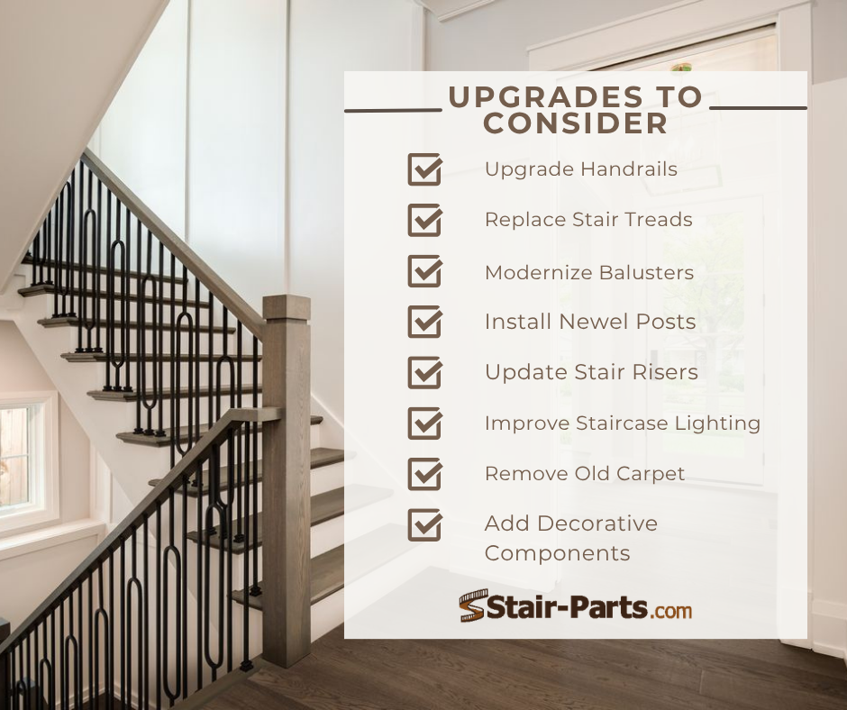 Infographic showing Upgrades you should consider for your staircase, that are listed in the article