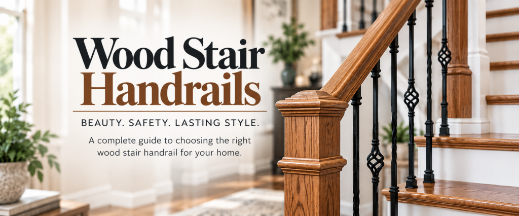 image of a staircase with the words "Wood Stair Handrails Guide" overlaid