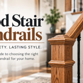 image of a staircase with the words "Wood Stair Handrails Guide" overlaid