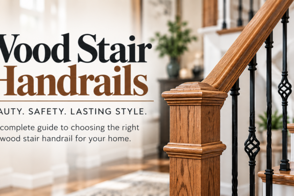 image of a staircase with the words "Wood Stair Handrails Guide" overlaid