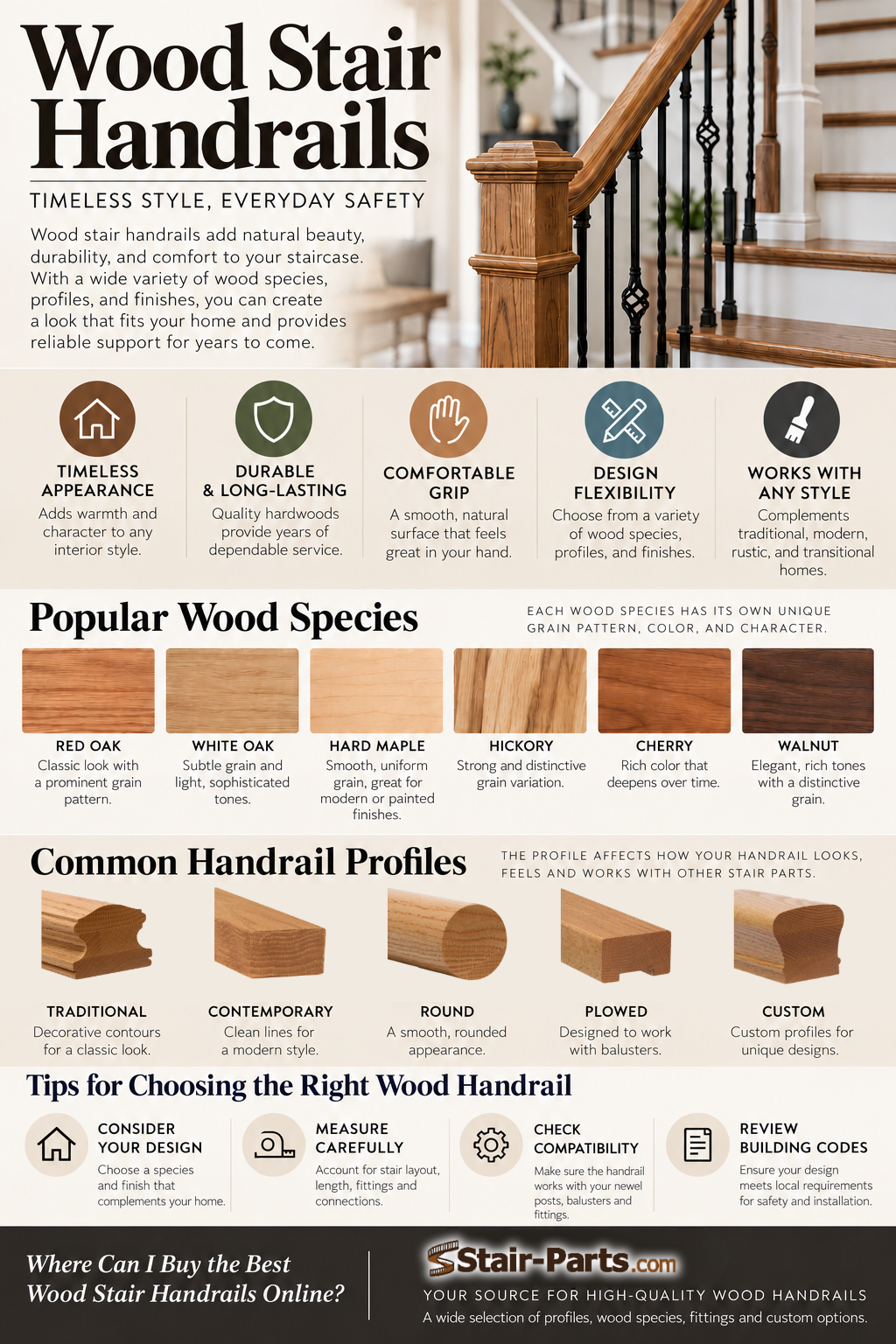 infographic about wood stair handrails thta contains the information published in this blog post