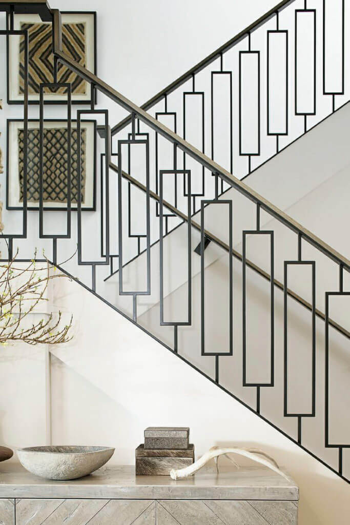 contemporary staircase with single rectangle black iron balusters from stair-parts.com
